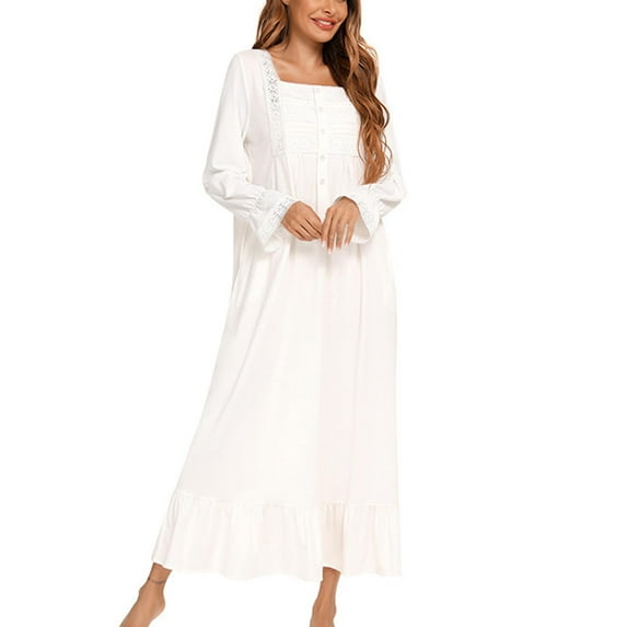 Womens Nightgown Long Sleeve,Women's Casual Long Sleeve Dress Square-Neck Mid-Calf Leisure Loungewear Sleepshirt with Pockets