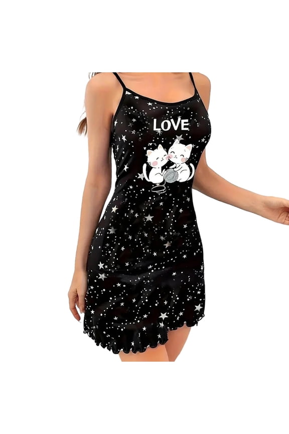 Womens Nightgown Satin Spaghetti Strap Sleeveless Slip Dress Low Back Sleep Nighty for Women,Black,M