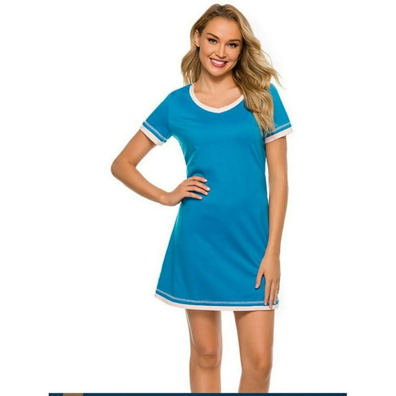 Womens Nightgown Sleepwear Pajamas - Women Short Sleeve Round Neck Sleep Dress Nightshirt,Blue,L