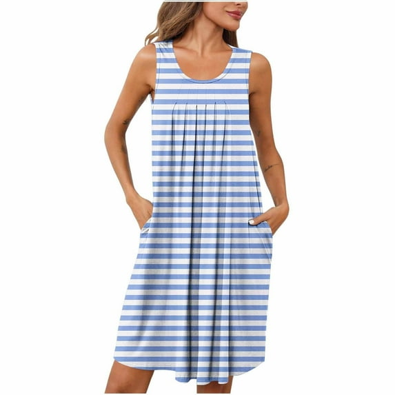 Womens Nightgown Soft Sleepwear New Women's Casual Striped Summer Sleepshirt Sleeveless Crewneck Pleated Tshirt Sundresses Nightgown with Pockets Light Blue XL