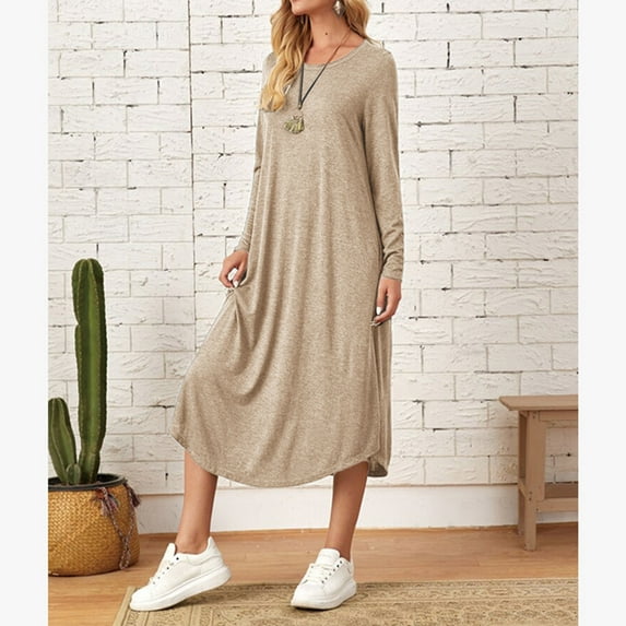 Womens Nightgown,Womens Fashion Round Neck Leisure Solid Color Nightshirt Loungewear Loose Pocket Long Sleeve Sleepwear Dress