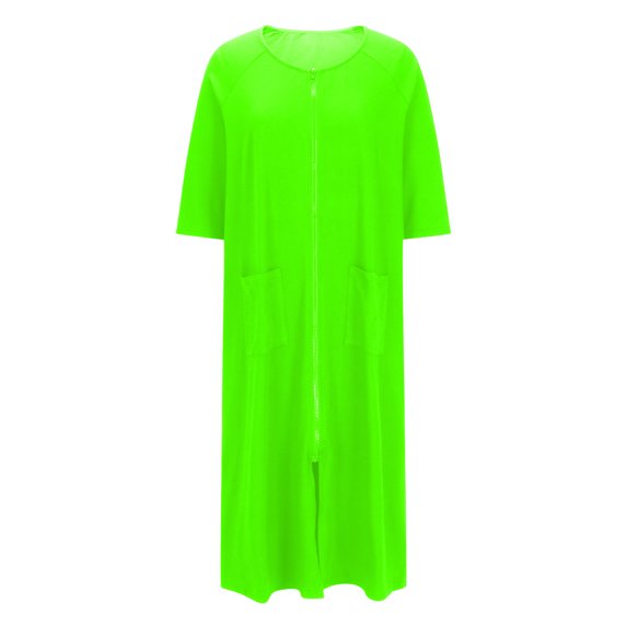 Womens Nightgown on Clearance Women Robes Zipper Front Short Sleeve Full Length Housecoat Loose Loungewear Pajamas with Pockets New Green L