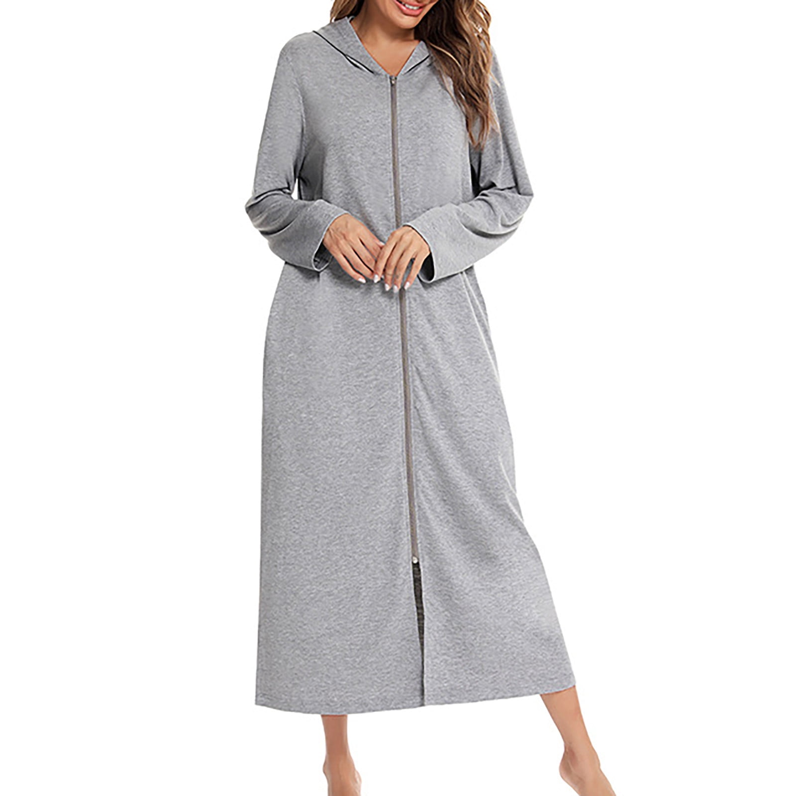 Womens Nightgown with Pockets,Womens Winter Zip Up Hooded Long