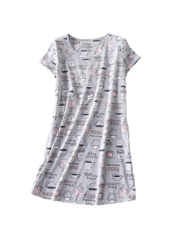 Womens Nightgowns Cotton Sleepwear Plus Size Sleep Shirt Short Sleeve Nightshirt Print Sleepshirt