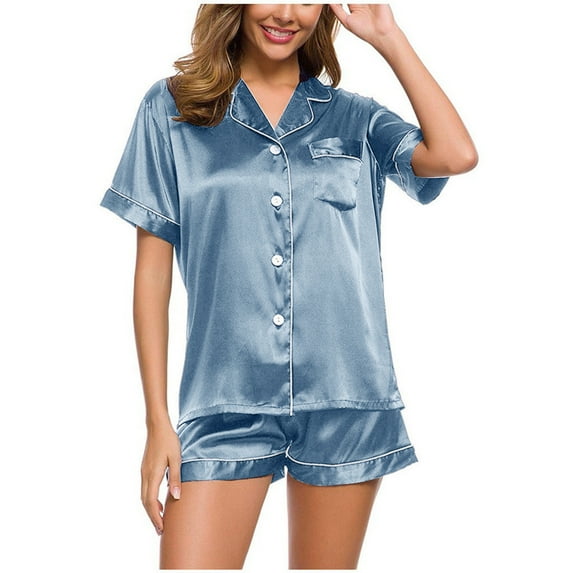 Womens Nightgowns Cotton Women Satin Pajamas Set Short Sleeve Button Shirt High Waist Shorts Sleepwear Set Lightweight Nightwear Set Silk Nightgown Sky Blue M