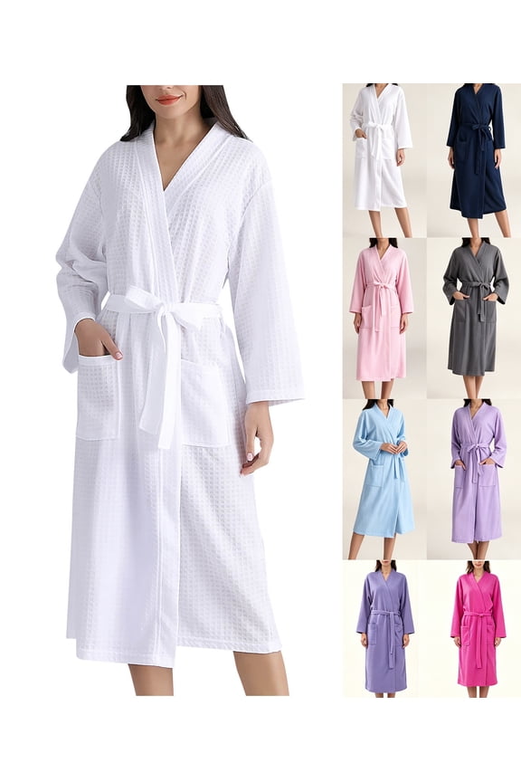 Womens Nightgowns Cottons Long Bathrobes, Womens Cotton Robe, Kimonos Waffles Robe Loungewear Towel Robe White XL