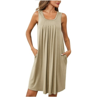 Womens Nightgowns Dresses Casual Sleeveless Round Neck Pleated Pullover Sleepshirts Loose Solid Color Basic Comfort Homewear Short Tank Tshirts Dress
