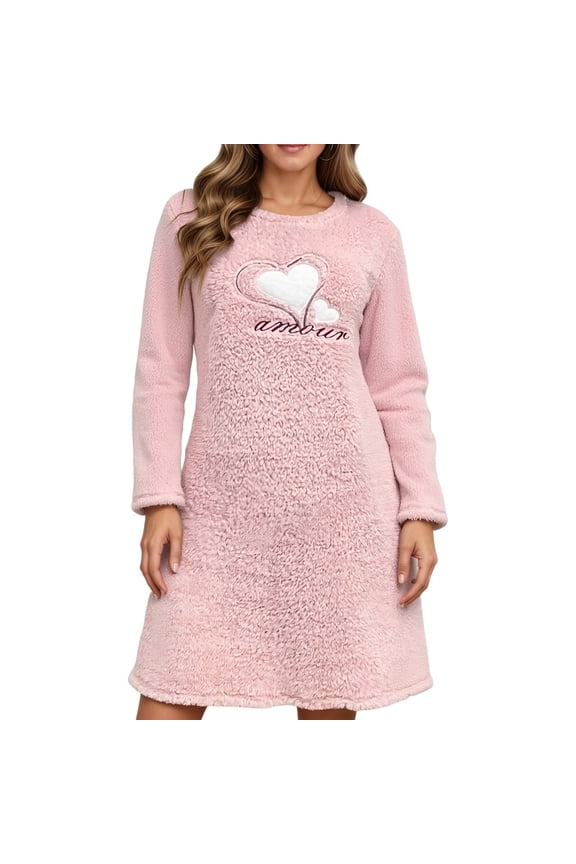 Womens Nightgowns Fall/Winter Flannel Long Sleeve Thickened Dresser for Bedroom,Pink,L
