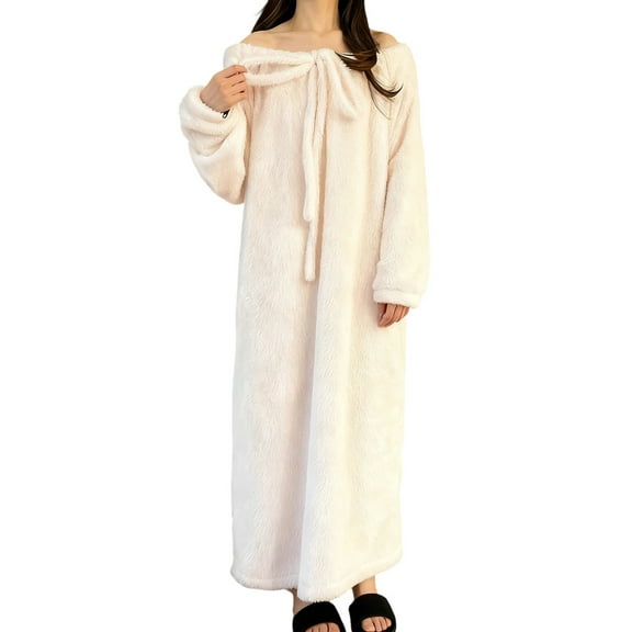 Womens Nightgowns Fuzzy Fleece Long Dress Fall Winter Keep Warm Sherpa Long Sleeve Nightgown Sleepwear (Free Size, White)