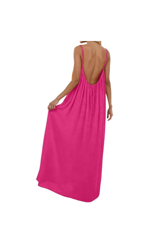 Womens Nightgowns Open Back Sleeveless Square Neck Beach Long Dress Homewear,Hot Pink,4XL