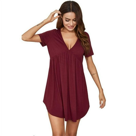 Womens Nightgowns Pajamas, Soft Sleep Shirt Short Sleeve Sleepwear, Comfy Night Shirt Pleated Scoop Neck Sleep Dress S-XXL, Red Wine, M