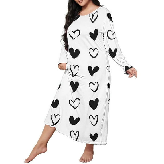 Womens Nightgowns Plus Size Casual Sleep Dress Women's Plus Heart Print Long Sleeve Round Neck Medium Stretch Loose Nightdress