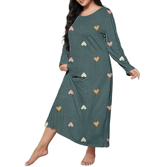 Womens Nightgowns Plus Size Casual Sleep Dress Women's Plus Heart Print Long Sleeve Round Neck Medium Stretch Loose Nightdress