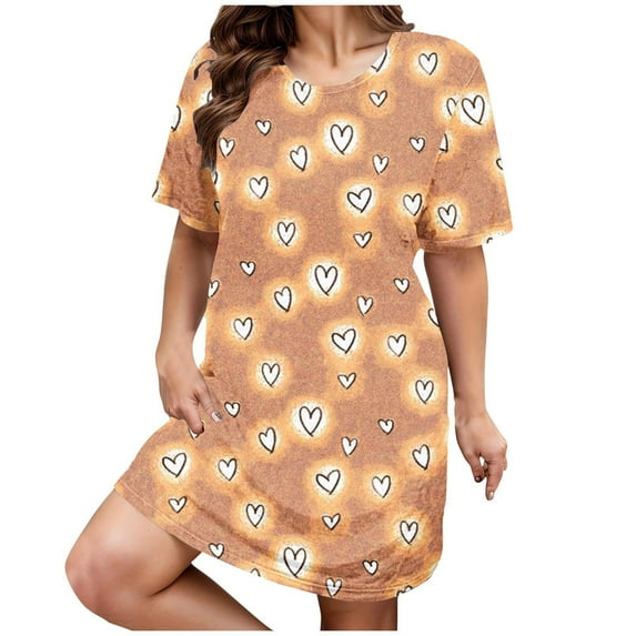 Womens Nightgowns Plus Size Casual Sleep Dress Women's Plus Heart Print Short Sleeve Round Neck Medium Stretch Loose Nightdress Valentine's Day Nightdress