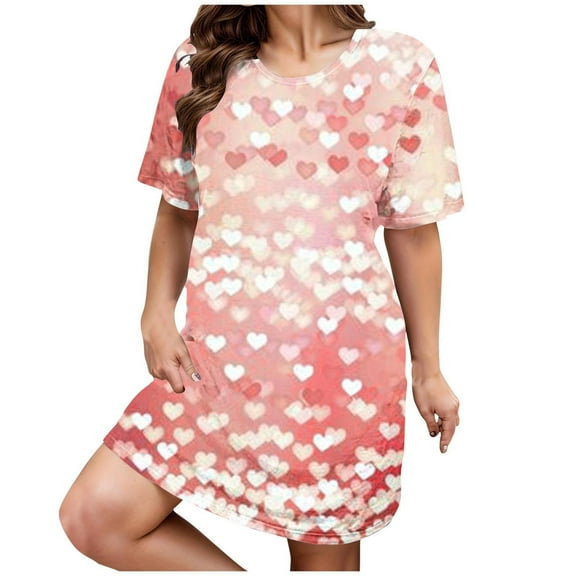Womens Nightgowns Plus Size Casual Sleep Dress Women's Plus Heart Print Short Sleeve Round Neck Medium Stretch Loose Nightdress Valentine's Day Nightdress