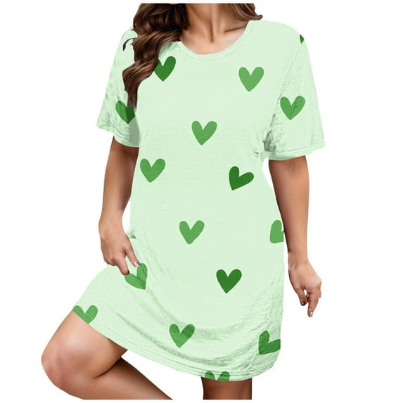 Womens Nightgowns Plus Size Casual Sleep Dress Women's Plus Heart Print Short Sleeve Round Neck Medium Stretch Loose Nightdress Valentine's Day Nightdress