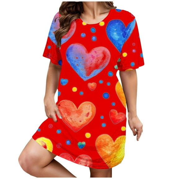Womens Nightgowns Plus Size Casual Sleep Dress Women's Plus Heart Print Short Sleeve Round Neck Medium Stretch Loose Nightdress Valentine's Day Nightdress