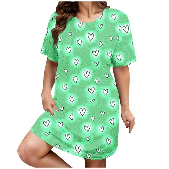 Womens Nightgowns Plus Size Casual Sleep Dress Women's Plus Heart Print Short Sleeve Round Neck Medium Stretch Loose Nightdress Valentine's Day Nightdress
