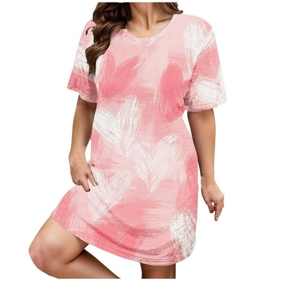 Womens Nightgowns Plus Size Casual Sleep Dress Women's Plus Heart Print Short Sleeve Round Neck Medium Stretch Loose Nightdress Valentine's Day Nightdress