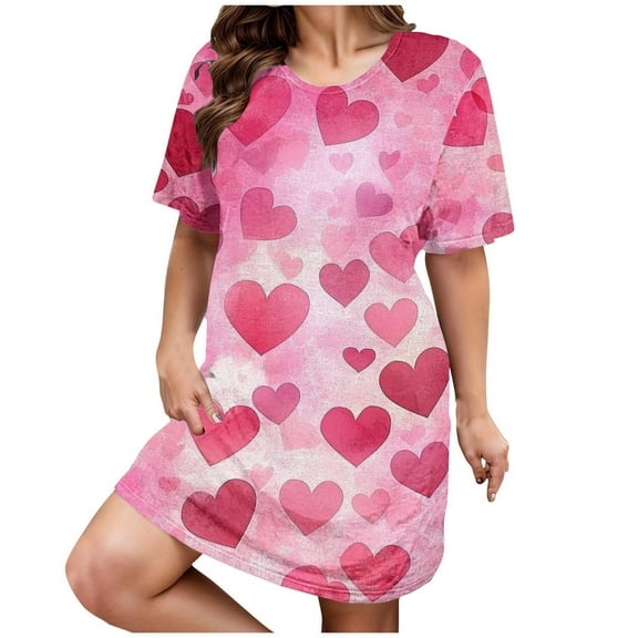 Womens Nightgowns Plus Size Casual Sleep Dress Women's Plus Heart Print Short Sleeve Round Neck Medium Stretch Loose Nightdress Valentine's Day Nightdress
