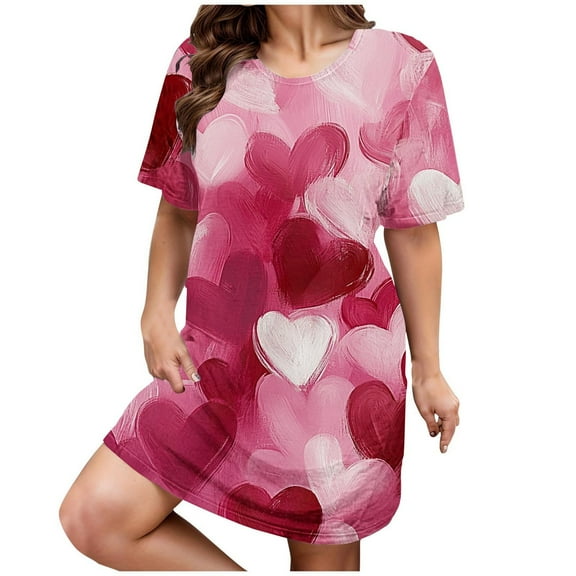 Womens Nightgowns Plus Size Casual Sleep Dress Women's Plus Heart Print Short Sleeve Round Neck Medium Stretch Loose Nightdress Valentine's Day Nightdress
