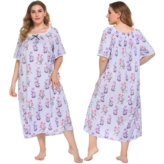 Womens Nightgowns Sleepwear Soft Pajama Dress Nightshirts Plus Size Summer Short Sleeve Comfy Nightshirt Casual Floral Nightdress Round Neck Lace Trim Sleepshirt