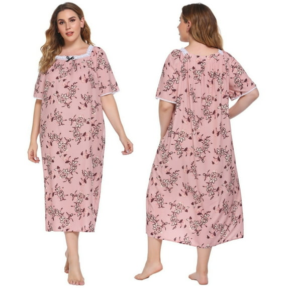 Womens Nightgowns Sleepwear Soft Pajama Dress Nightshirts Plus Size Summer Short Sleeve Comfy Nightshirt Casual Floral Nightdress Round Neck Lace Trim Sleepshirt