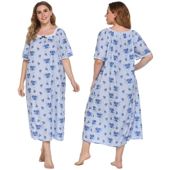Womens Nightgowns Sleepwear Soft Pajama Dress Nightshirts Plus Size Summer Short Sleeve Comfy Nightshirt Casual Floral Nightdress Round Neck Lace Trim Sleepshirt