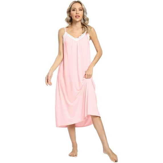 Womens Nightshirt Nightgown Trimmed with White Lace Sleeveless Lounge Sleepwear Summer Soft Comfy Camisole Night Dress Suspended Sleepshirt Pajamas