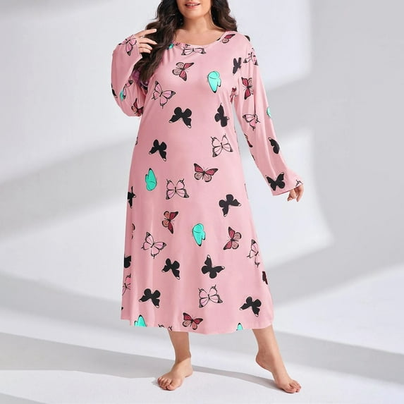 Red Women Sleepwear Women's Large Loose Long Sleeve Butterfly Print Drop Shoulder Long Sleeping Dress