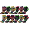 thumbnail image 1 of Womens No Show Ankle Socks, 12 Pairs Fun Funky Patterned Designs, Colorful Casual Athletic Sport Sock, 1 of 7
