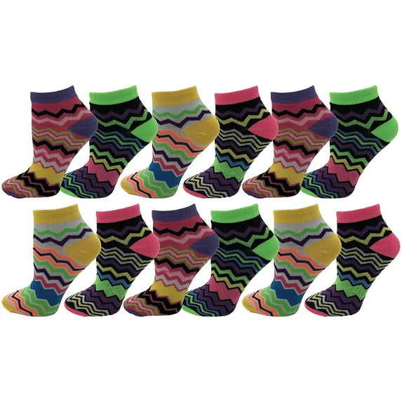 Womens No Show Ankle Socks, 12 Pairs Fun Funky Patterned Designs, Colorful Casual Athletic Sport Sock