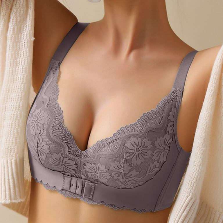 Womens No Steel Ring French Womens Front Close Bra T Back Plus Size  Seamless Unlined Bra for Large Bust Bra Gray