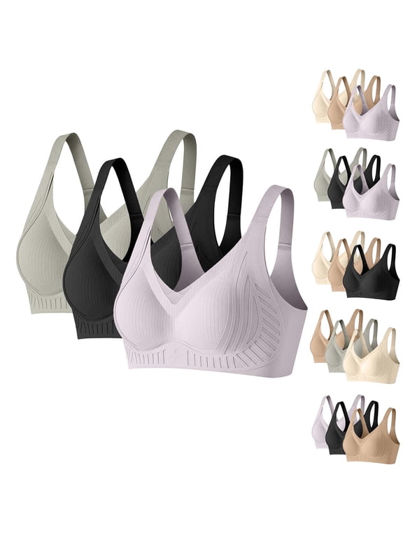 Womens No Underwire Bras, V-Neck Push-Up Full Coverage Bras with Adjustable Straps & Back Closure, 3 Pack | VerBelle,Purple M