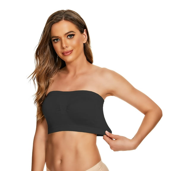 Womens Non Padded Bandeau Bra Strapless Convertible Bralettes, Black S-5XL