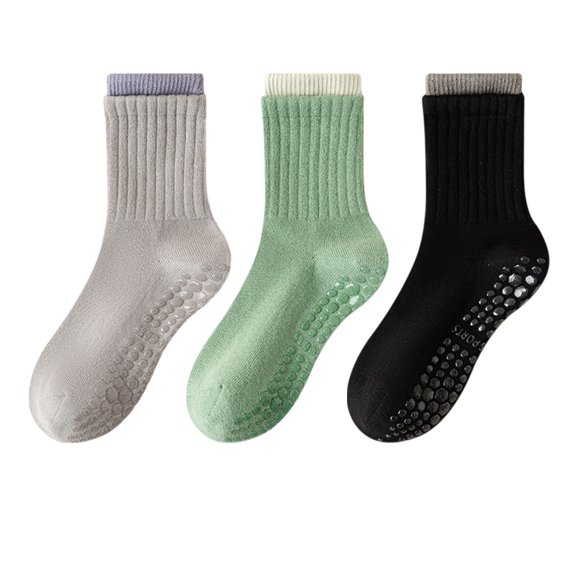 Womens Non-Slip Grip Crew Socks 3 Pair Pack Custom Color Combos Soft Ribbed Cotton with 3D Silicone Heel - 3 pcs-A