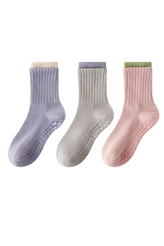 Womens Non-Slip Grip Crew Socks 3 Pair Pack Custom Color Combos Soft Ribbed Cotton with 3D Silicone Heel - 3 pcs-B