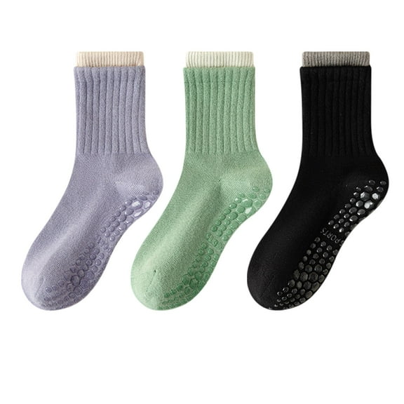 Womens Non-Slip Grip Crew Socks 3 Pair Pack Custom Color Combos Soft Ribbed Cotton with 3D Silicone Heel - 3 pcs-D