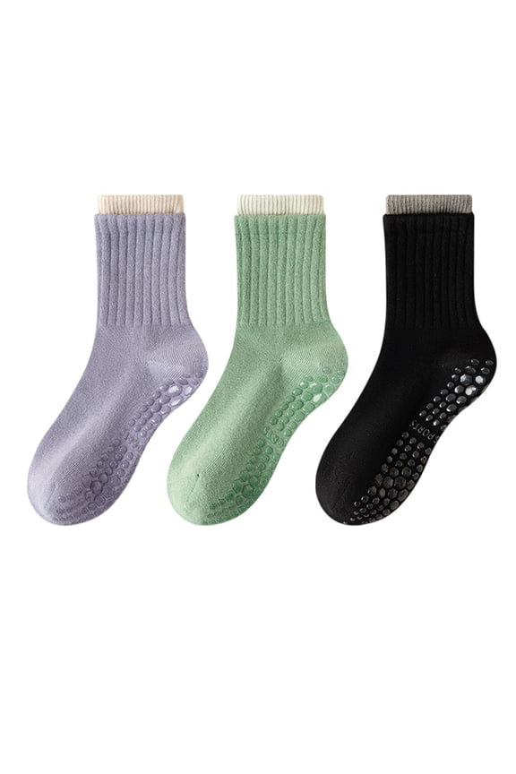 Womens Non-Slip Grip Crew Socks 3 Pair Pack Custom Color Combos Soft Ribbed Cotton with 3D Silicone Heel - 3 pcs-D