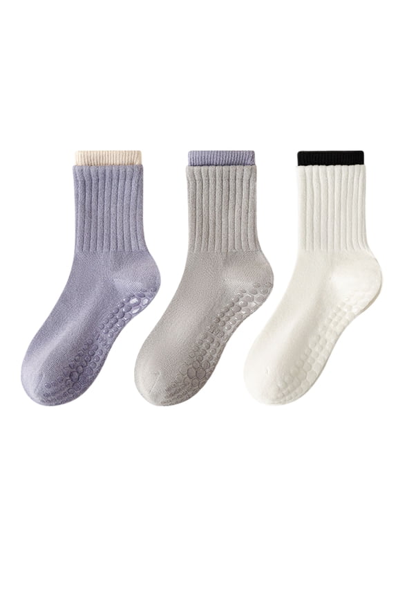 Womens Non-Slip Grip Crew Socks 3 Pair Pack Custom Color Combos Soft Ribbed Cotton with 3D Silicone Heel - 3 pcs-F