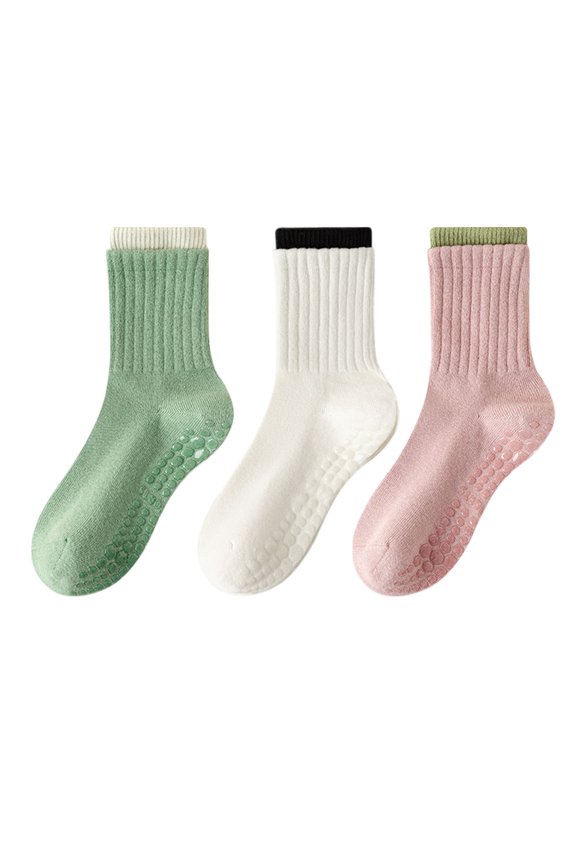 Womens Non-Slip Grip Crew Socks 3 Pair Pack Custom Color Combos Soft Ribbed Cotton with 3D Silicone Heel - 3 pcs-G