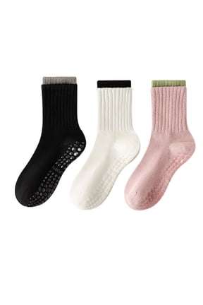 Womens Non-Slip Grip Crew Socks 3 Pair Pack Custom Color Combos Soft Ribbed Cotton with 3D Silicone Heel - 3 pcs-H