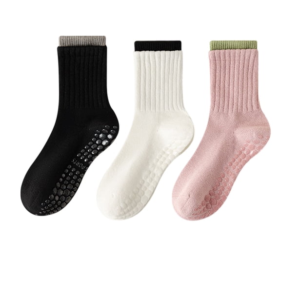Womens Non-Slip Grip Crew Socks 3 Pair Pack Custom Color Combos Soft Ribbed Cotton with 3D Silicone Heel - 3 pcs-H