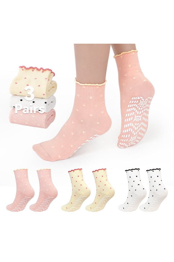 Grip Socks for Women, PUTUO Non Slip Pilates Yoga Socks with Cute Polka Dot Ruffle Cuff, Crew Length for Barre Dance and Studio Workout, 3 Pairs