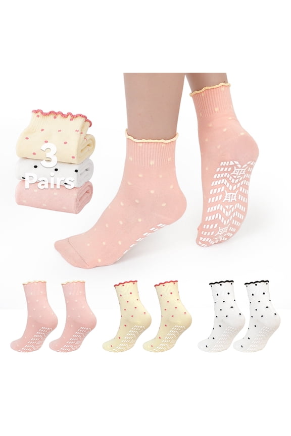 Grip Socks for Women, PUTUO Non Slip Pilates Yoga Socks with Cute Polka Dot Ruffle Cuff, Crew Length for Barre Dance and Studio Workout, 3 Pairs