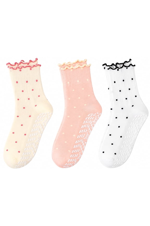 Non Slip Socks for Women, Cute Polka Dot Ruffle Crew Grip Socks with Wide Sole Grippers for Hospital Home Pilates and Daily Wear, 3 Pairs