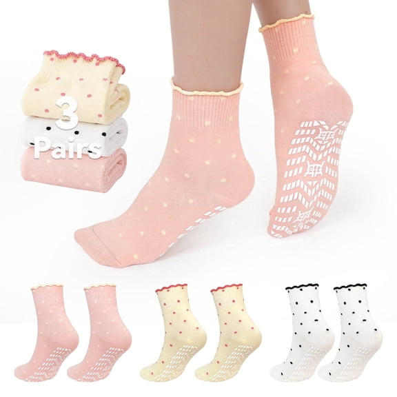 PUTUO Non Slip Socks for Women, Cute Polka Dot Ruffle Crew Grip Socks with Wide Sole Grippers for Hospital Home Pilates and Daily Wear, 3 Pairs
