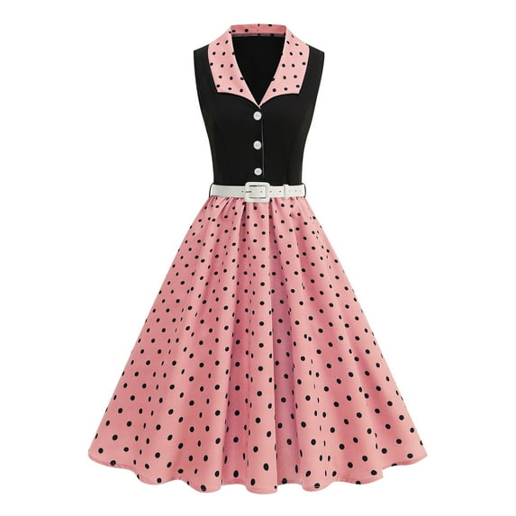 Womens Notch Lapel Vintage V-Neck Cocktail Swing Dress 50s 60s Button up 1950s Rockabilly Prom Midi Evening Dress with Belt