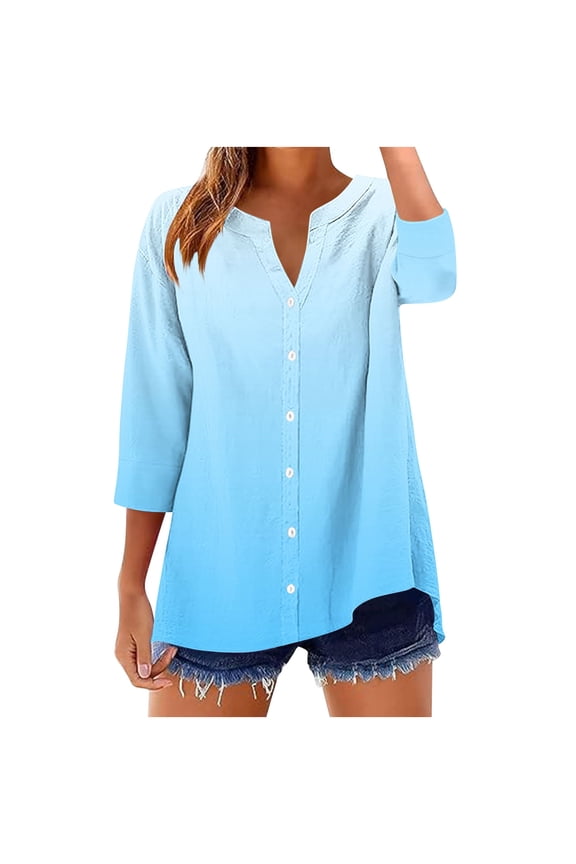 Womens Notch V Neck T-Shirts, 3/4 Sleeve Shirts for Women Fall Fashion Ombre Tie Dye Button Down Dressy Blouses