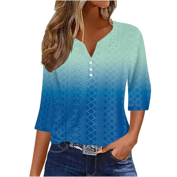 Womens Notch V Neck T Shirts, Eyelet Tops for Women Fall Lightweight Casual Hollow Ombre Tie Dye Button Up 3/4 Sleeve Dressy Blouses